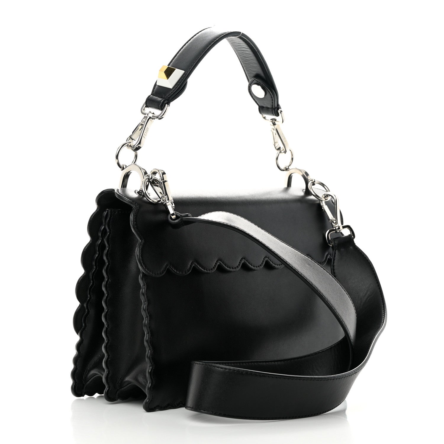Fendi Vitello Liberty Pearl Bi-Color Flowers and Bows Scalloped Studded Kan I Shoulder Bag Black Camelia 3 of 13