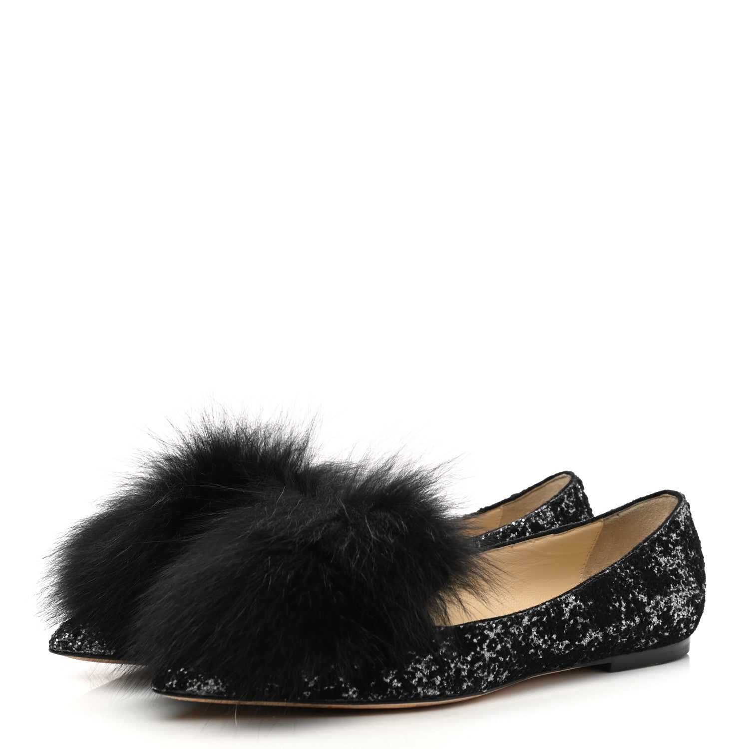 Jimmy Choo Glitter Fox Fur Gale Flats 37 Black 3 of 9