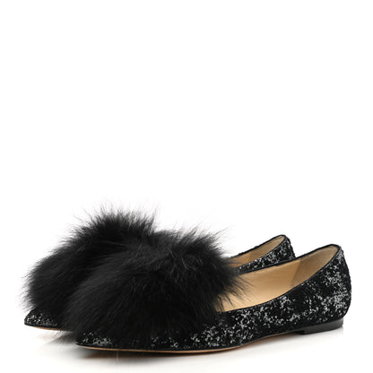 Jimmy Choo Glitter Fox Fur Gale Flats 37 Black 3 of 9