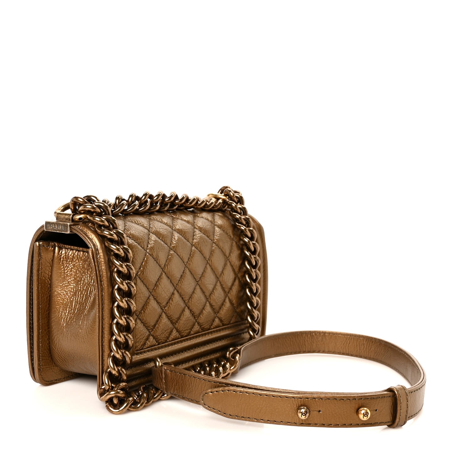 Metallic Crumpled Calfskin Quilted Gripoix Small Boy Flap Bronze