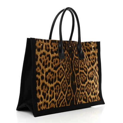 Saint Laurent Canvas Calfskin Leopard Print Rive Gauche Noe Tote Natural Black 3 of 13