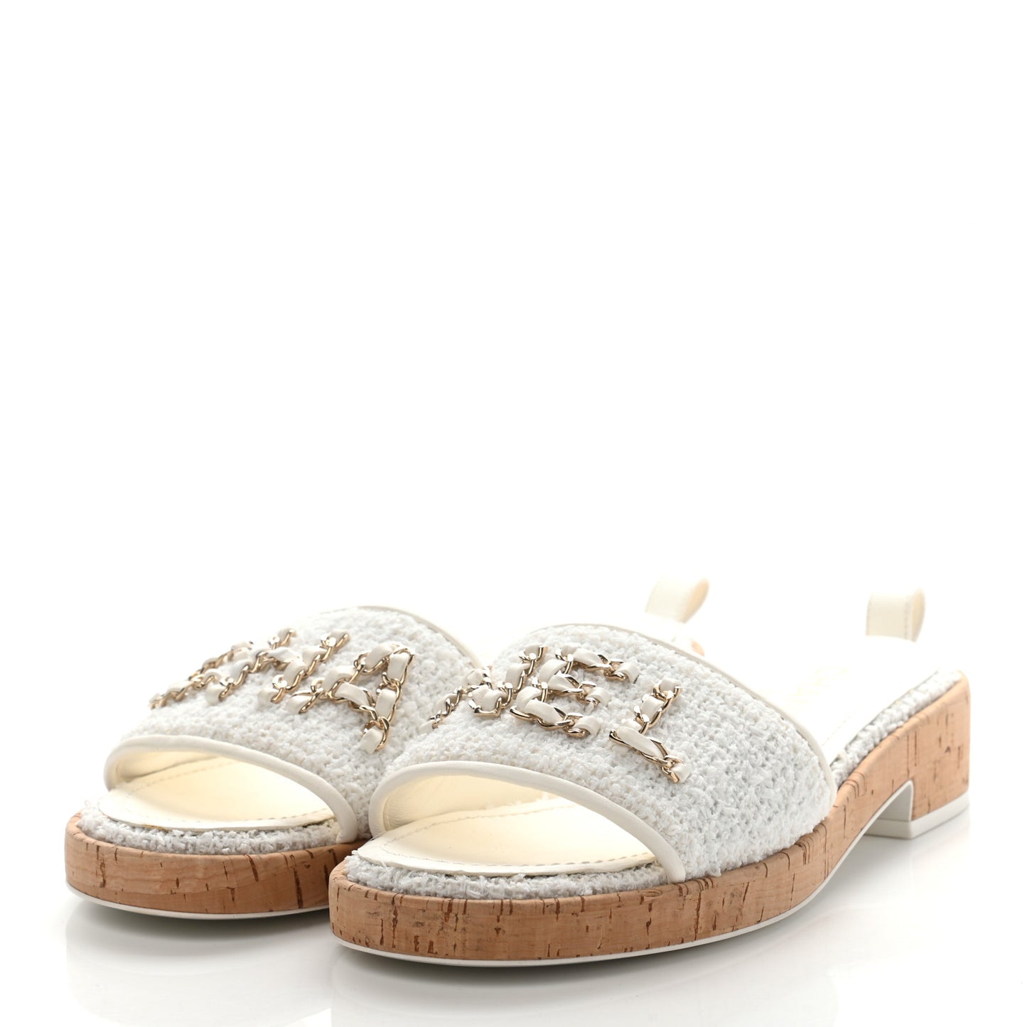 Tweed Cork CC Chain Mule Sandal 38 White