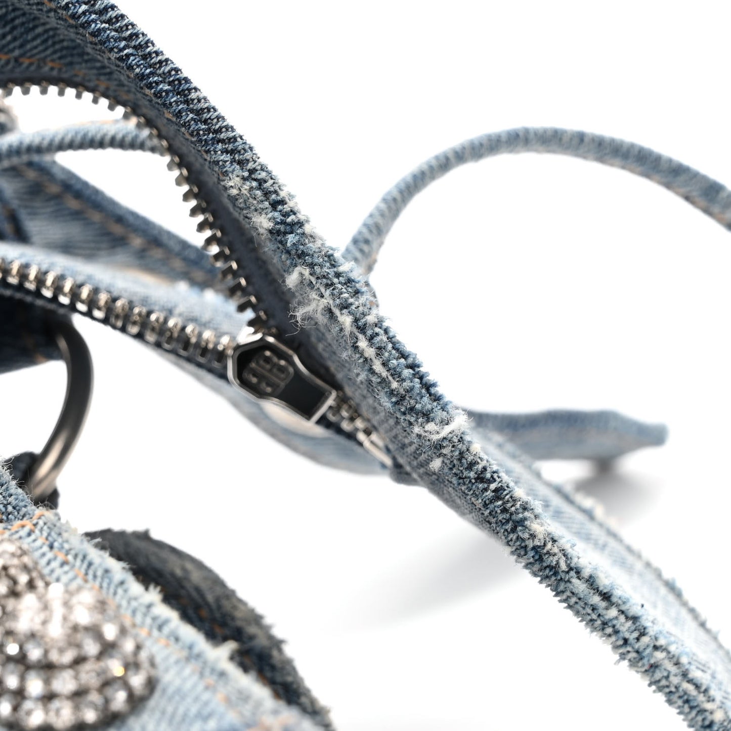 Washed Frayed Denim Crystal Neo Cagole City Handbag Blue