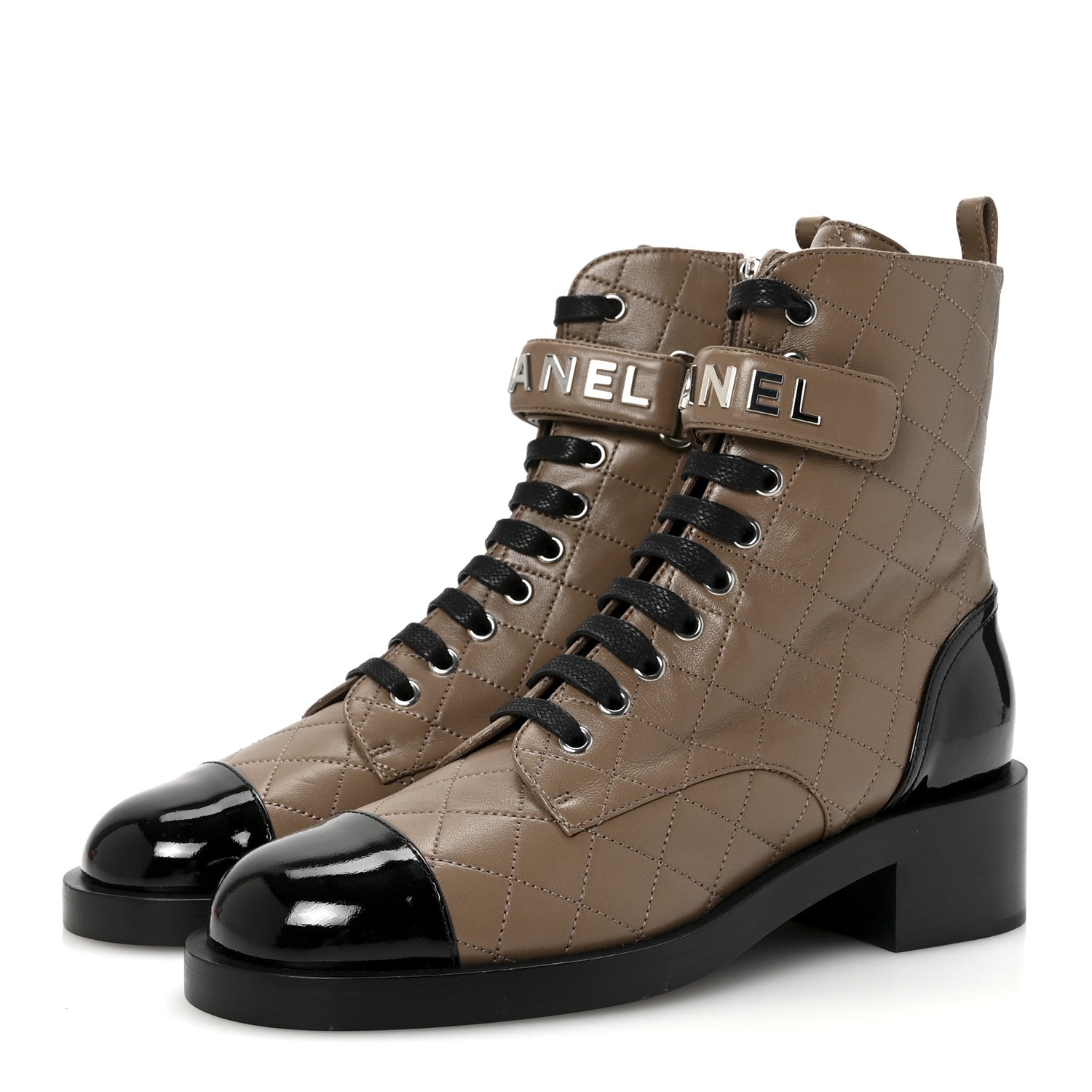 Chanel Lambskin Patent Calfskin Quilted Logo Lace Up Combat Boots 40.5 Light Gray Black 4 of 10