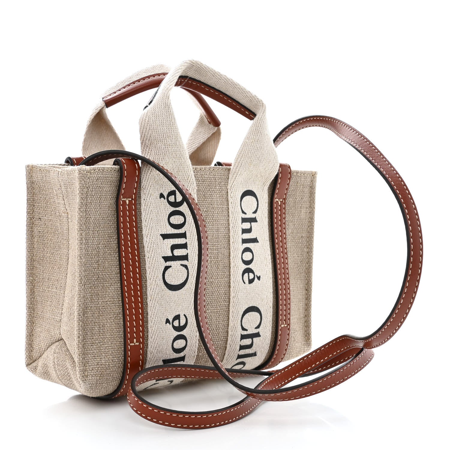 Chloe Cotton Calfskin Mini Woody Ribbon Tote White Brown 3 of 11