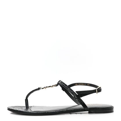 Saint Laurent Calfskin Crocodile Embossed Cassandra Monogram Sandals 40.5 Black 1 of 8