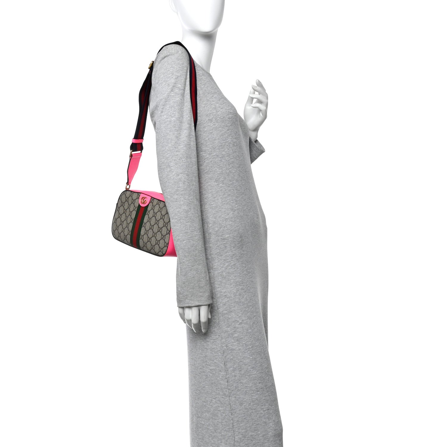 Gucci GG Supreme Monogram Textured Dollar Calfskin Web Ophidia Small Crossbody Bag Beige Ebony Fuchsia 2 of 9