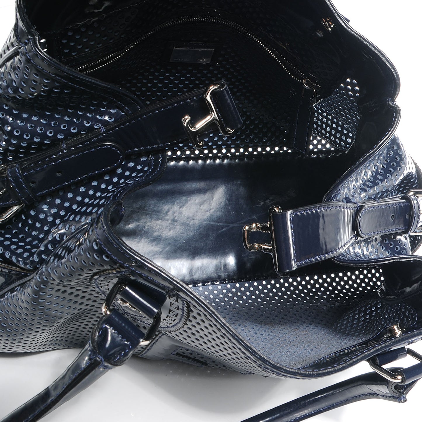 Patent Perforated Calfskin Bag De Jour Perforated Tote Navy