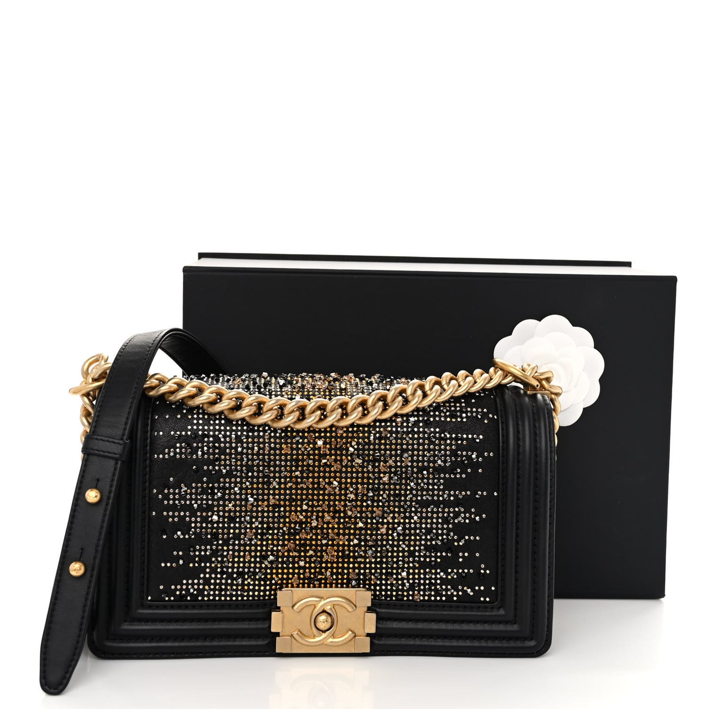 Calfskin Strass Studded Medium Boy Flap Black Gold
