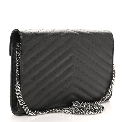 Saint Laurent Grain De Poudre Matelasse Chevron Monogram Chain Wallet Storm 3 of 10