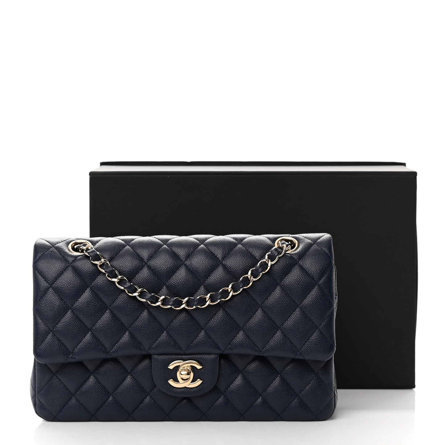 Caviar Quilted Medium Double Flap Navy
