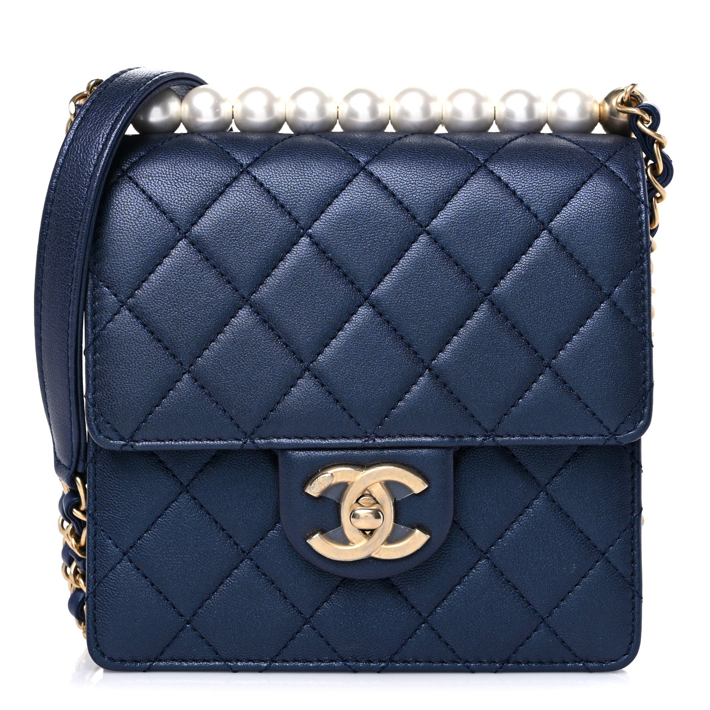 Iridescent Lambskin Quilted Chic Pearls Flap Navy Blue