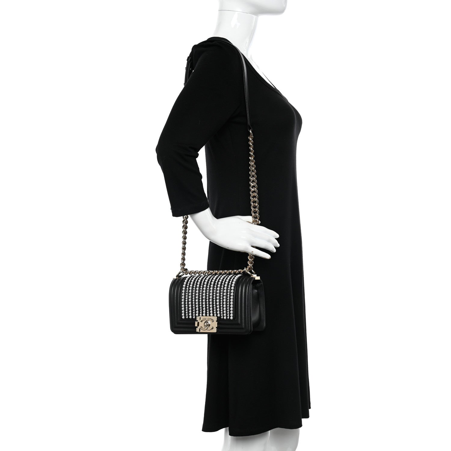 Chanel Calfskin Pearl Smal Chanel Pearls Boy Flap Black 2 of 10