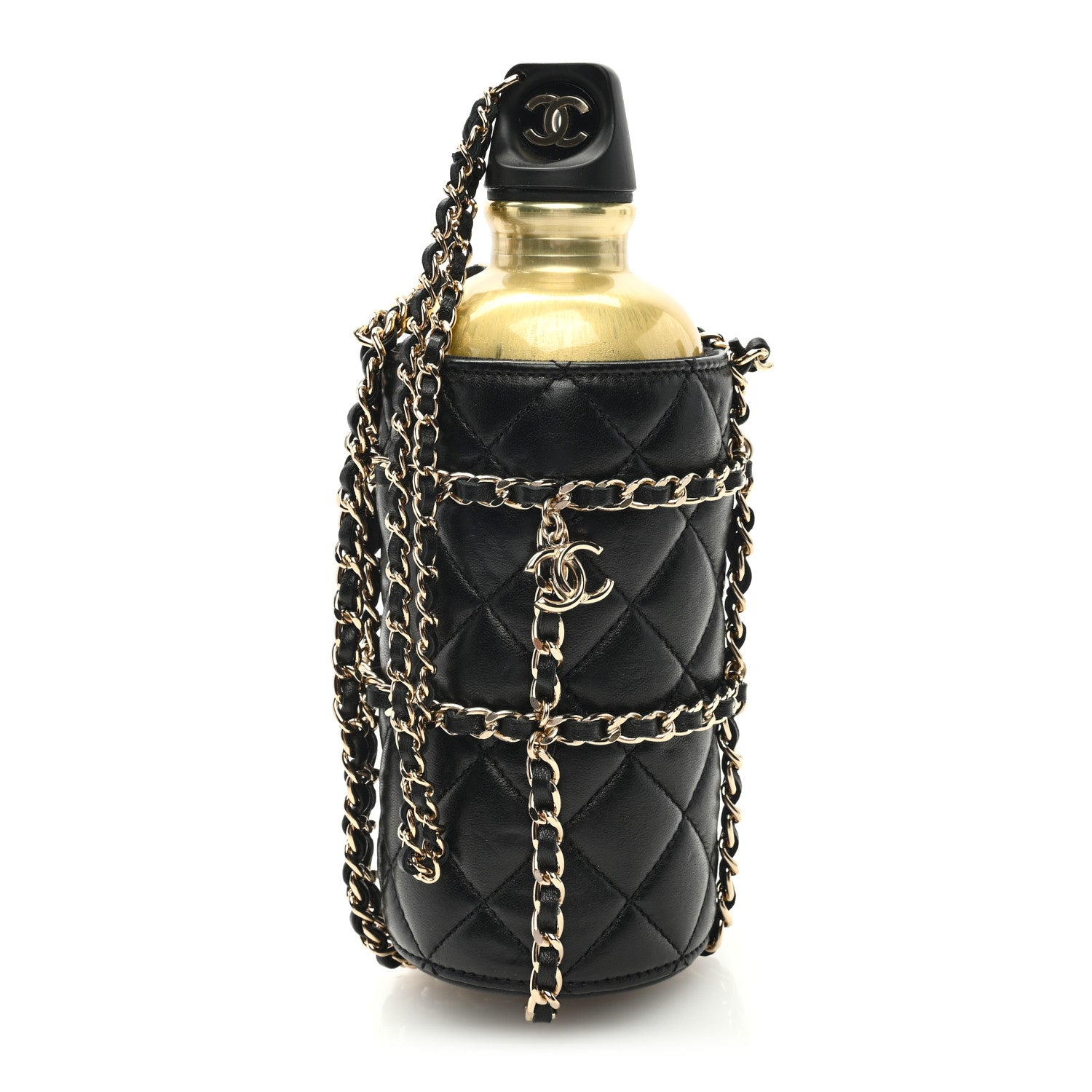 Chanel Lambskin Quilted CC To Drink Water Bottle Black Gold 1 of 11