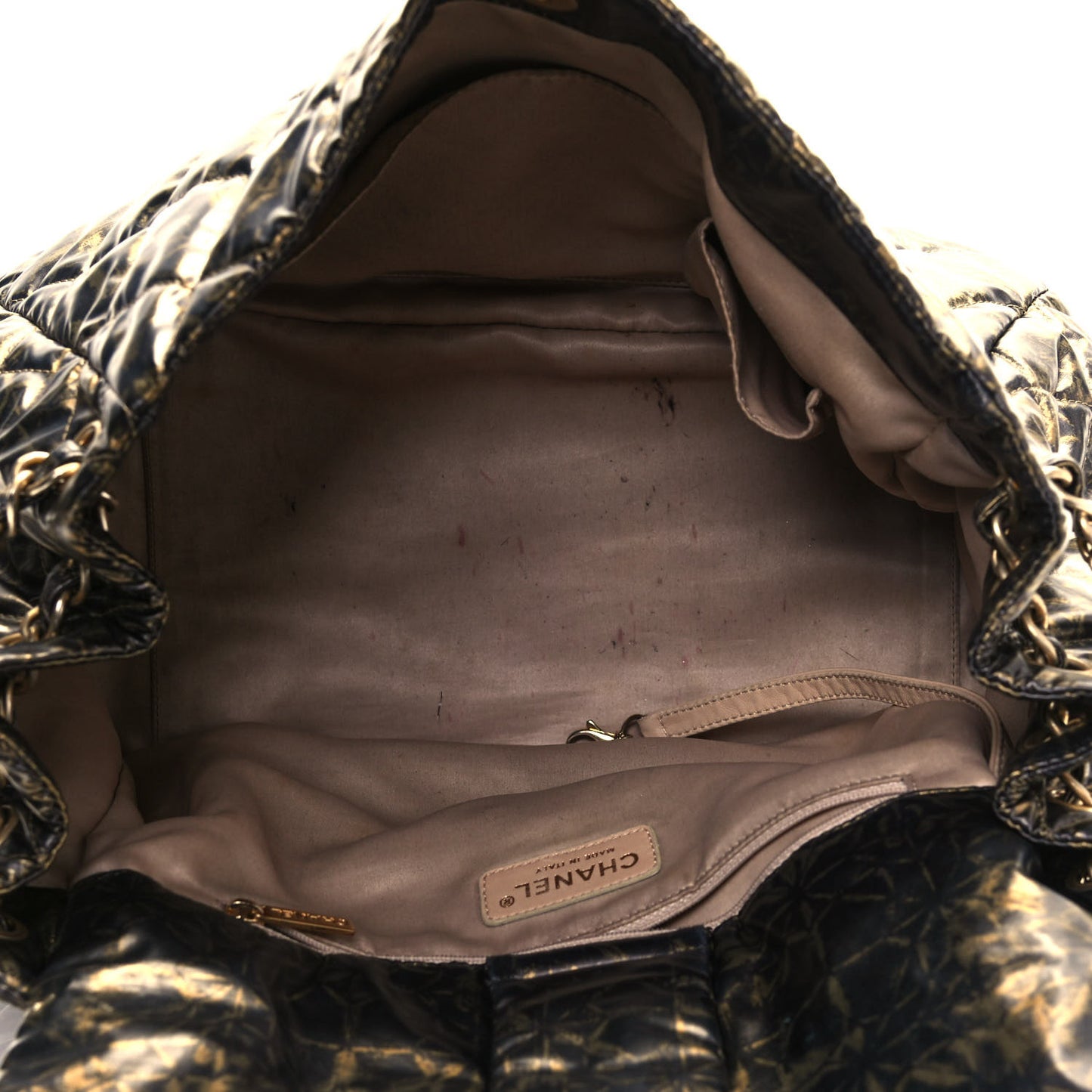 Nylon Printed Quilted Accordion Flap Black Gold