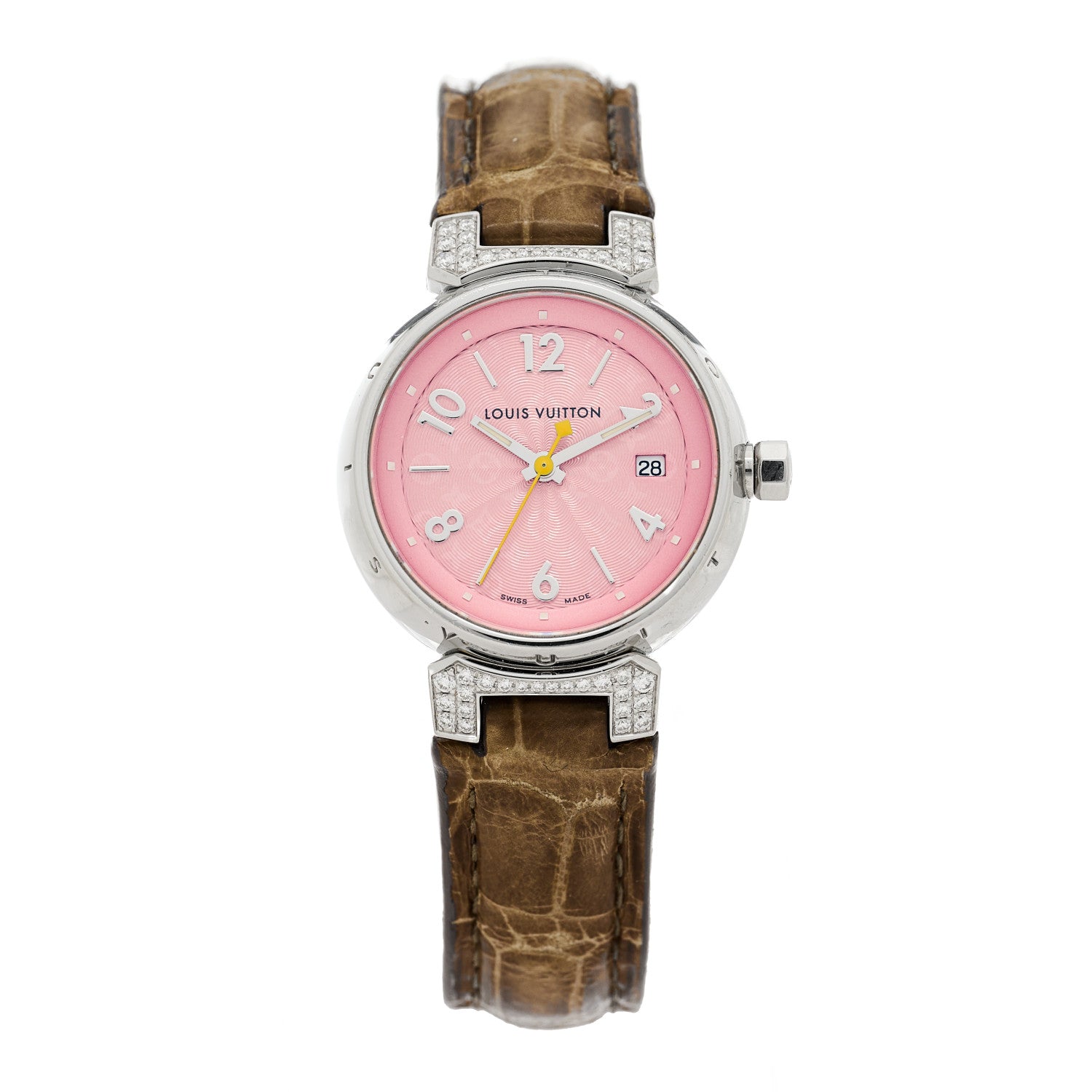 Louis Vuitton Stainless Steel Alligator Diamond 28mm Tambour Quartz Watch 1 of 4