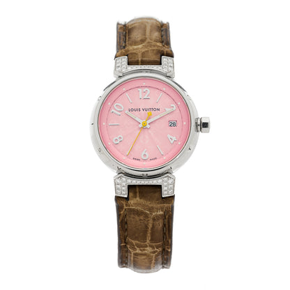 Louis Vuitton Stainless Steel Alligator Diamond 28mm Tambour Quartz Watch 1 of 4