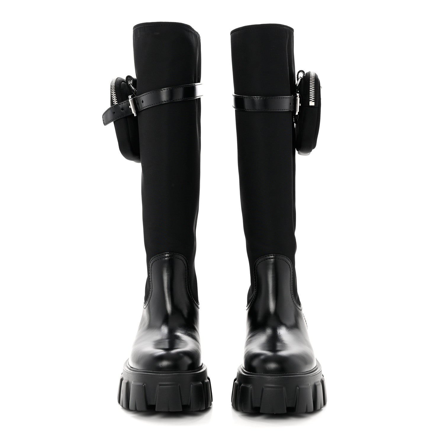Prada Spazzolato Rois Re-Nylon Metal Triangle Logo Monolith Pouch Pocket 55mm Tall Boots 37 Black 2 of 8