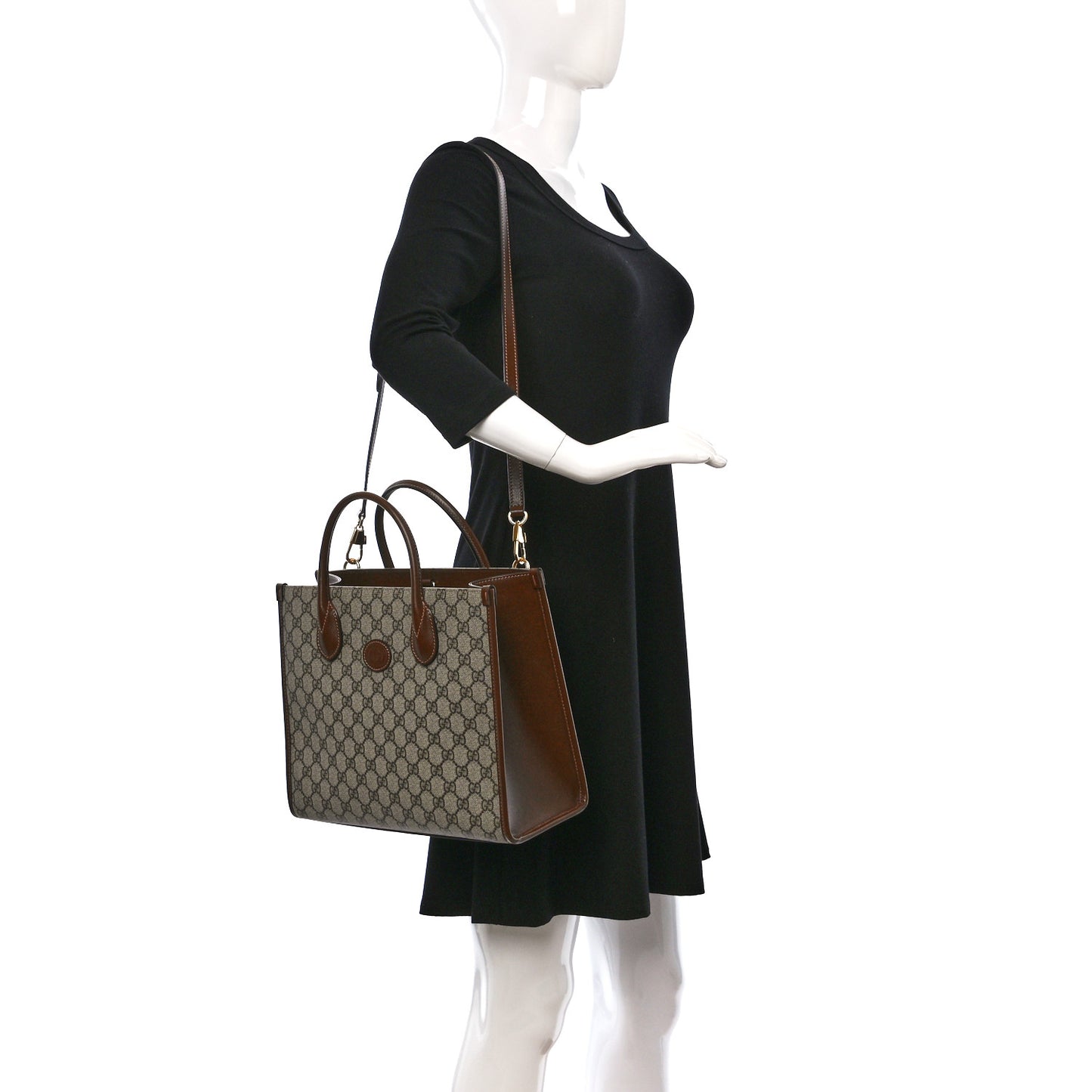 GG Supreme Monogram Azalea Calfskin Small Retro Interlocking G Tote Bag Beige Ebony Brown Sugar