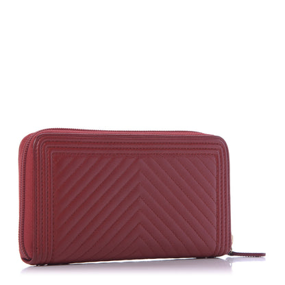 Chanel Lambskin Chevron Quilted Zip Around Boy Wallet Red 3 of 15