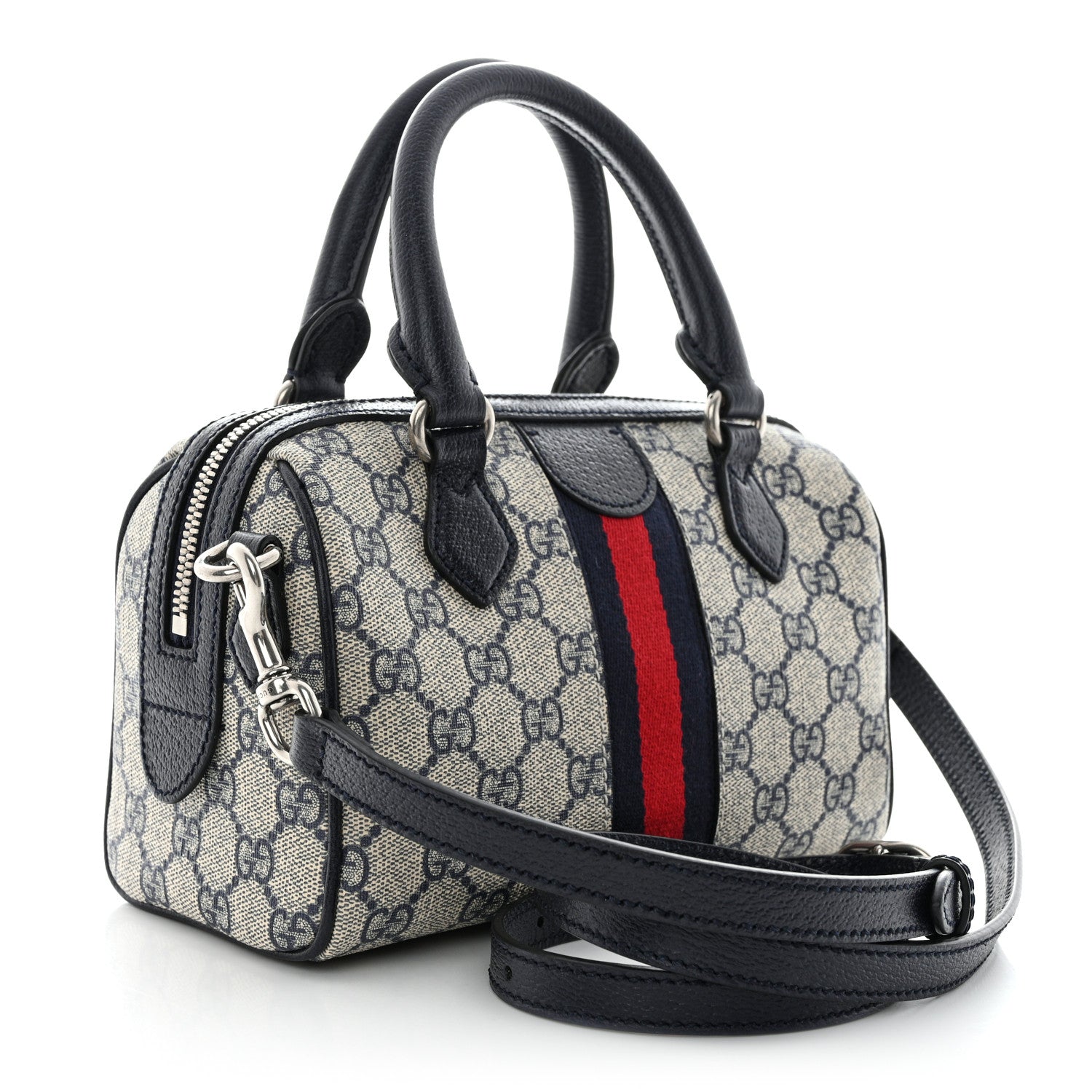 Gucci GG Supreme Monogram Textured Dollar Calfskin Web Mini Ophidia Top Handle Bag Beige Blue 3 of 10