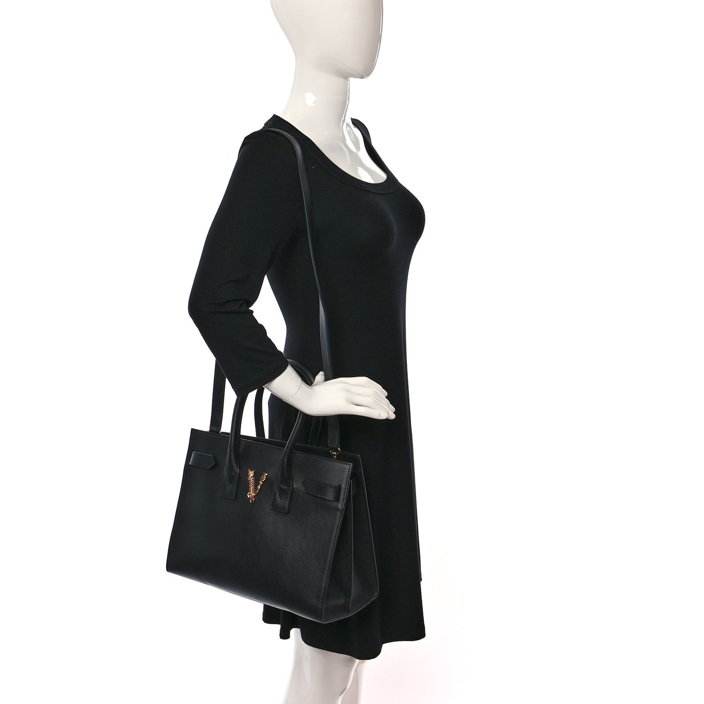Grained Calfskin Large Virtus Top Handle Shoulder Bag Black