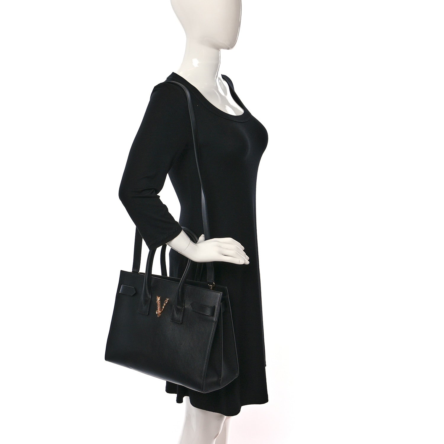 Versace Grained Calfskin Large Virtus Top Handle Shoulder Bag Black 2 of 8