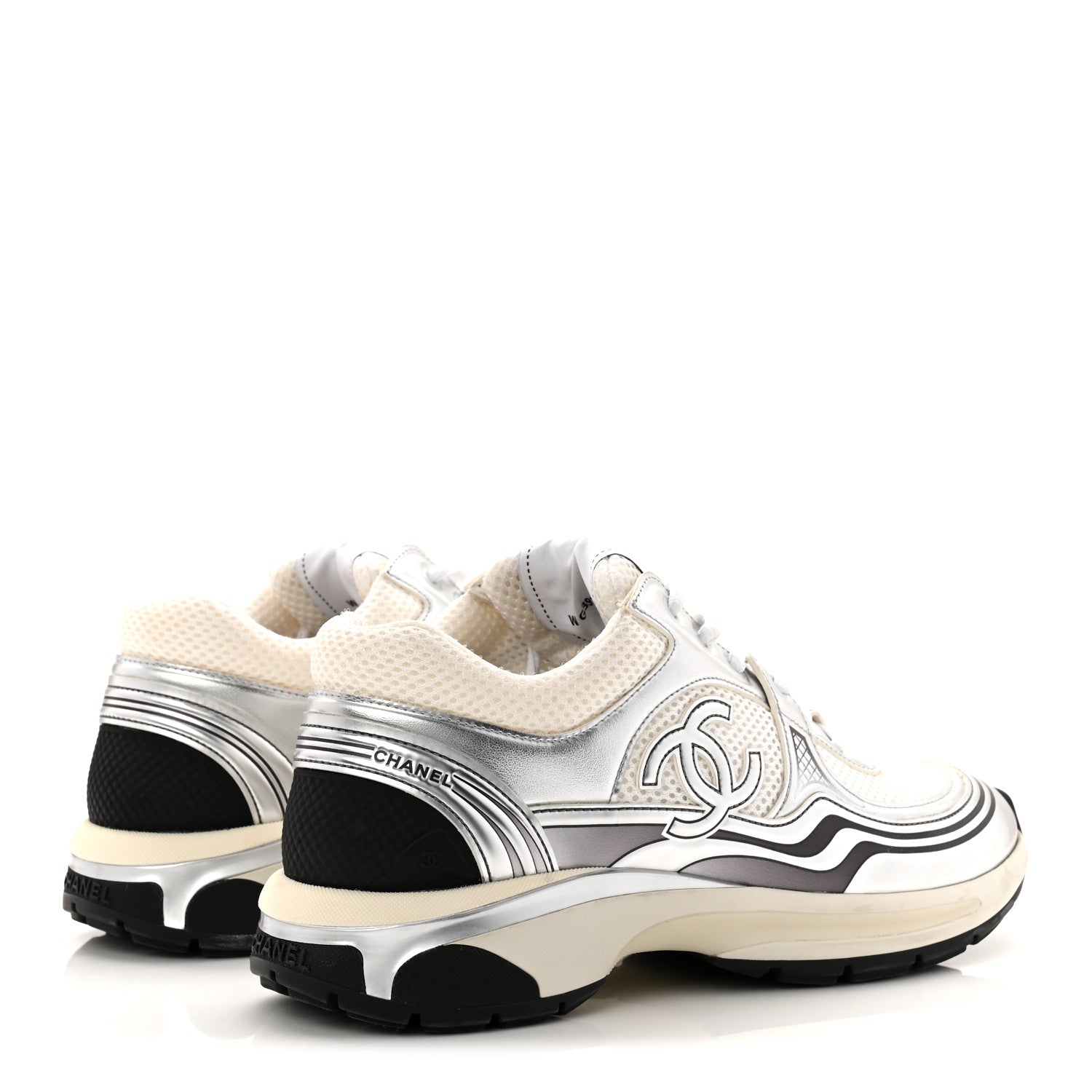 Chanel Fabric Laminated Calfskin Stretch CC Womens Sneakers 40 White Silver 5 of 11