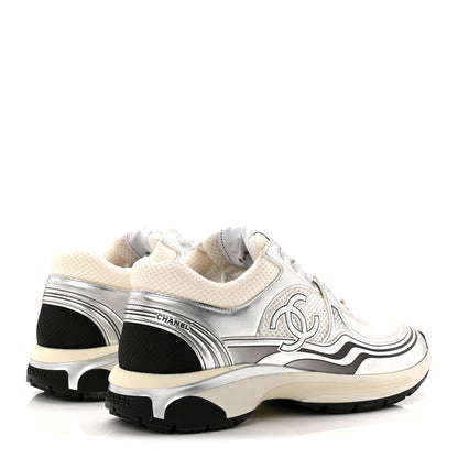 Chanel Fabric Laminated Calfskin Stretch CC Womens Sneakers 40 White Silver 5 of 11