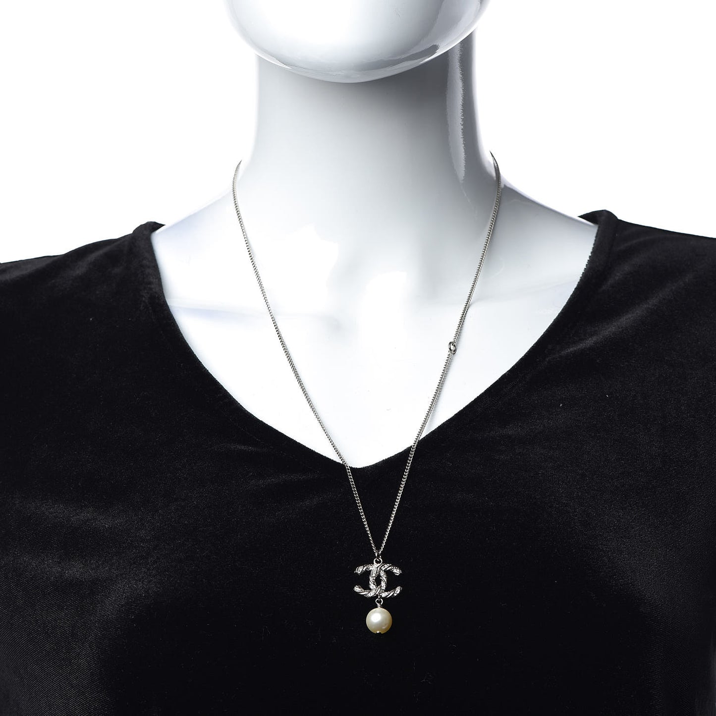 Crystal Pearl Twisted CC Drop Necklace Silver