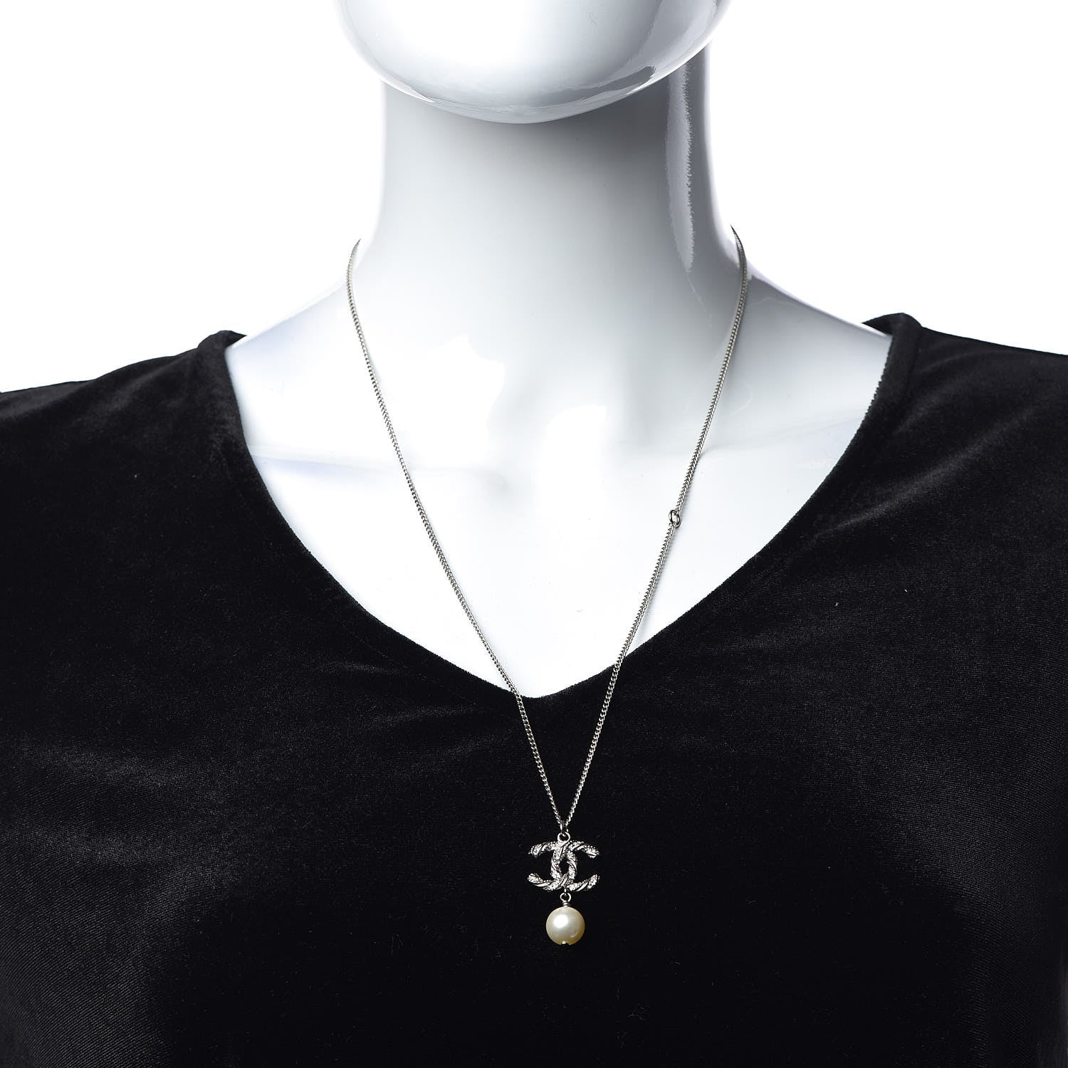 Chanel Crystal Pearl Twisted CC Drop Necklace Silver 2 of 6