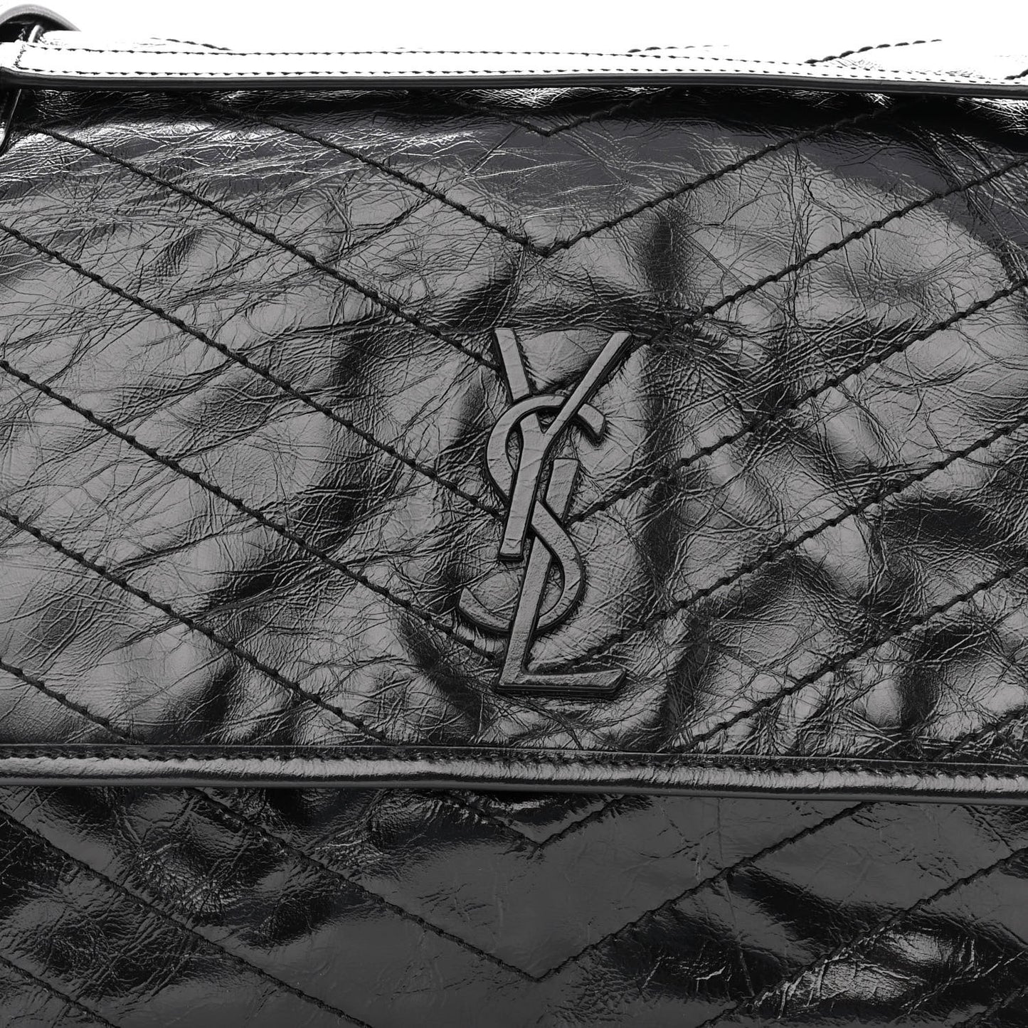 Crinkled Calfskin Matelasse Monogram Large Niki Chain Satchel Black