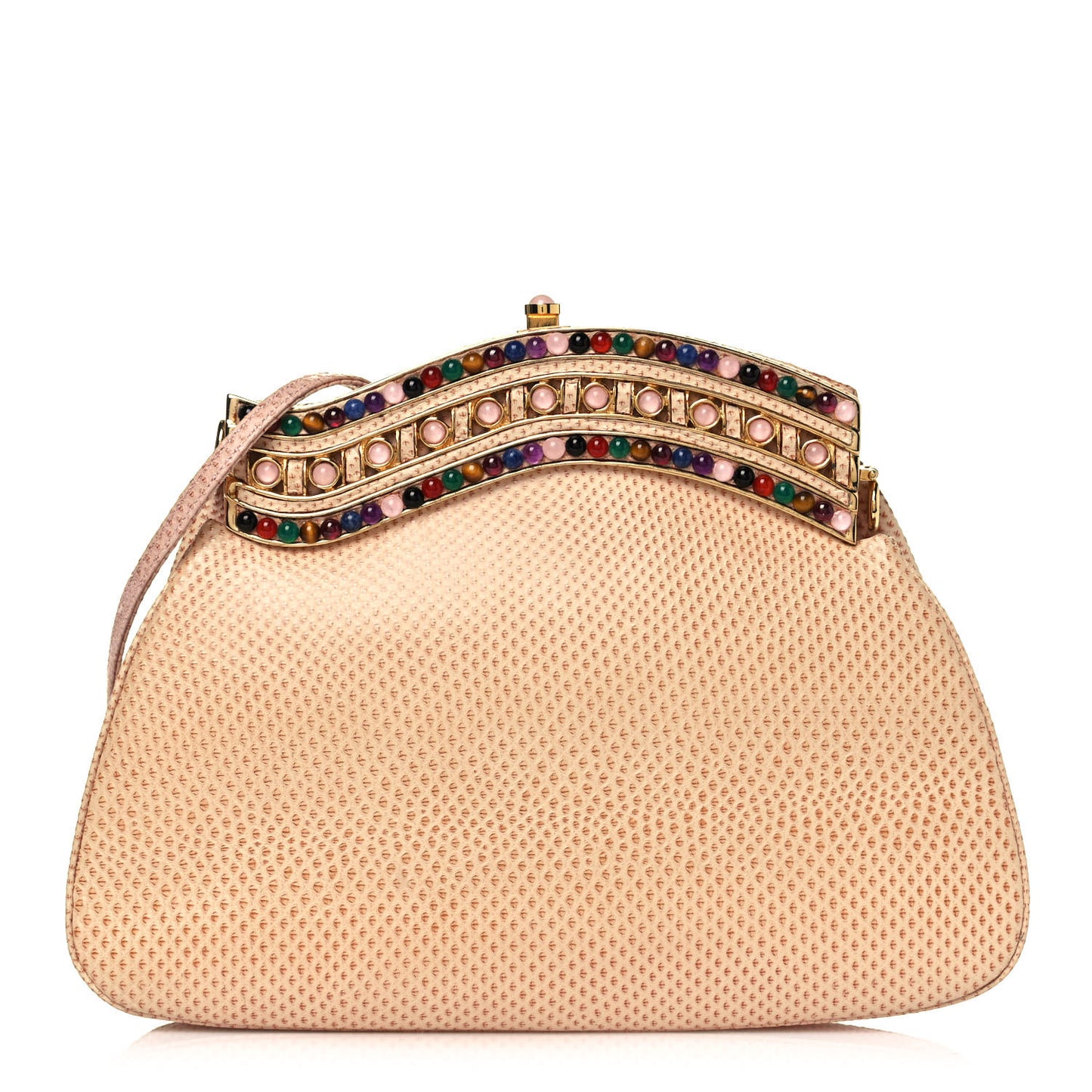 Crystal Lizard Embossed Pleated Evening Bag Beige