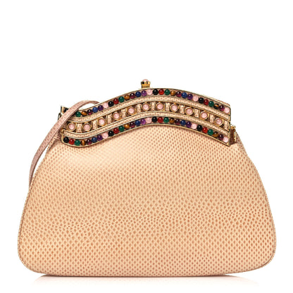 Judith Leiber Crystal Lizard Embossed Pleated Evening Bag Beige 2 of 11