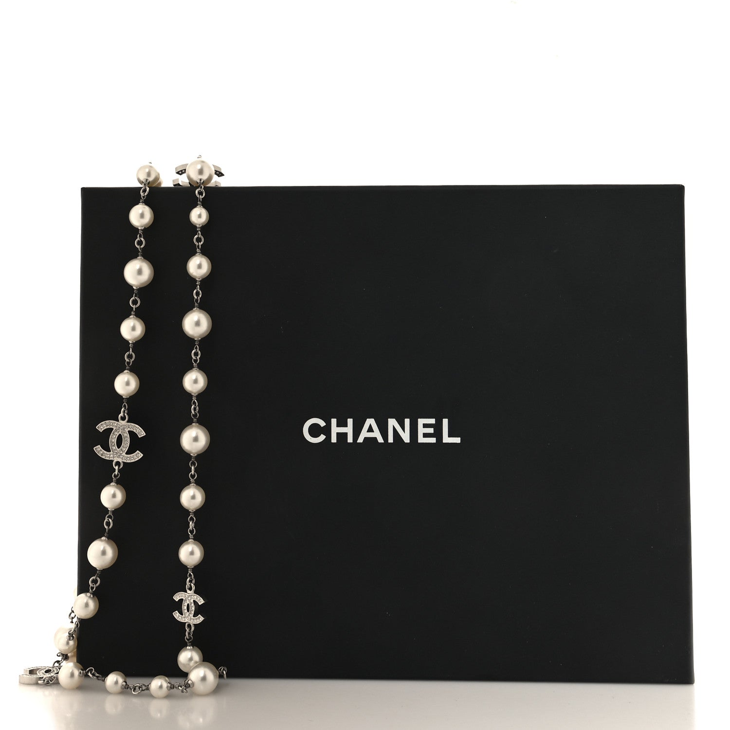 Chanel Graduated Pearl Crystal CC Long Necklace Silver 5 of 5