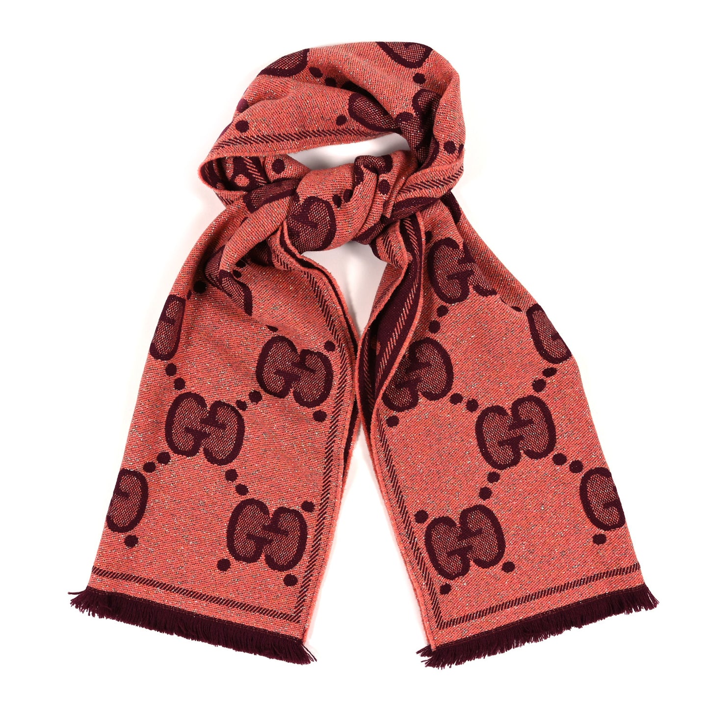 Wool Lame Jacquard Monogram Jumbo GG Lady Nest Lux Scarf Salmon Bordeaux