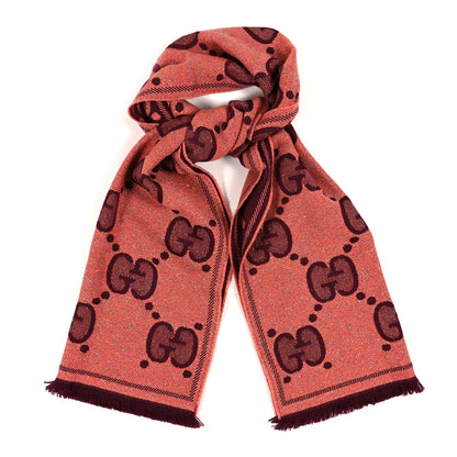 Gucci Wool Lame Jacquard Monogram Jumbo GG Lady Nest Lux Scarf Salmon Bordeaux 1 of 3