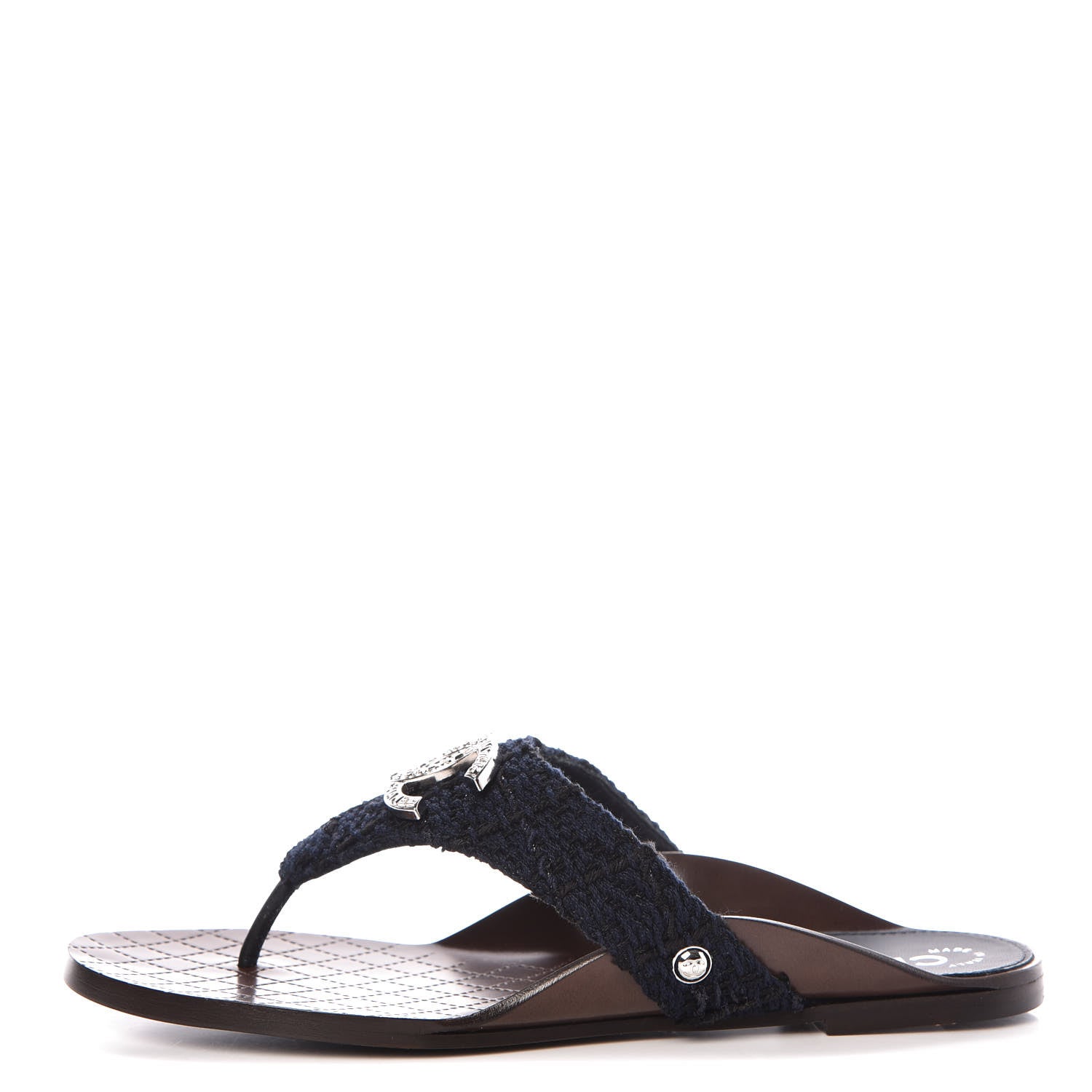 Chanel Tweed CC Thong Sandals 36 Navy Black 1 of 7
