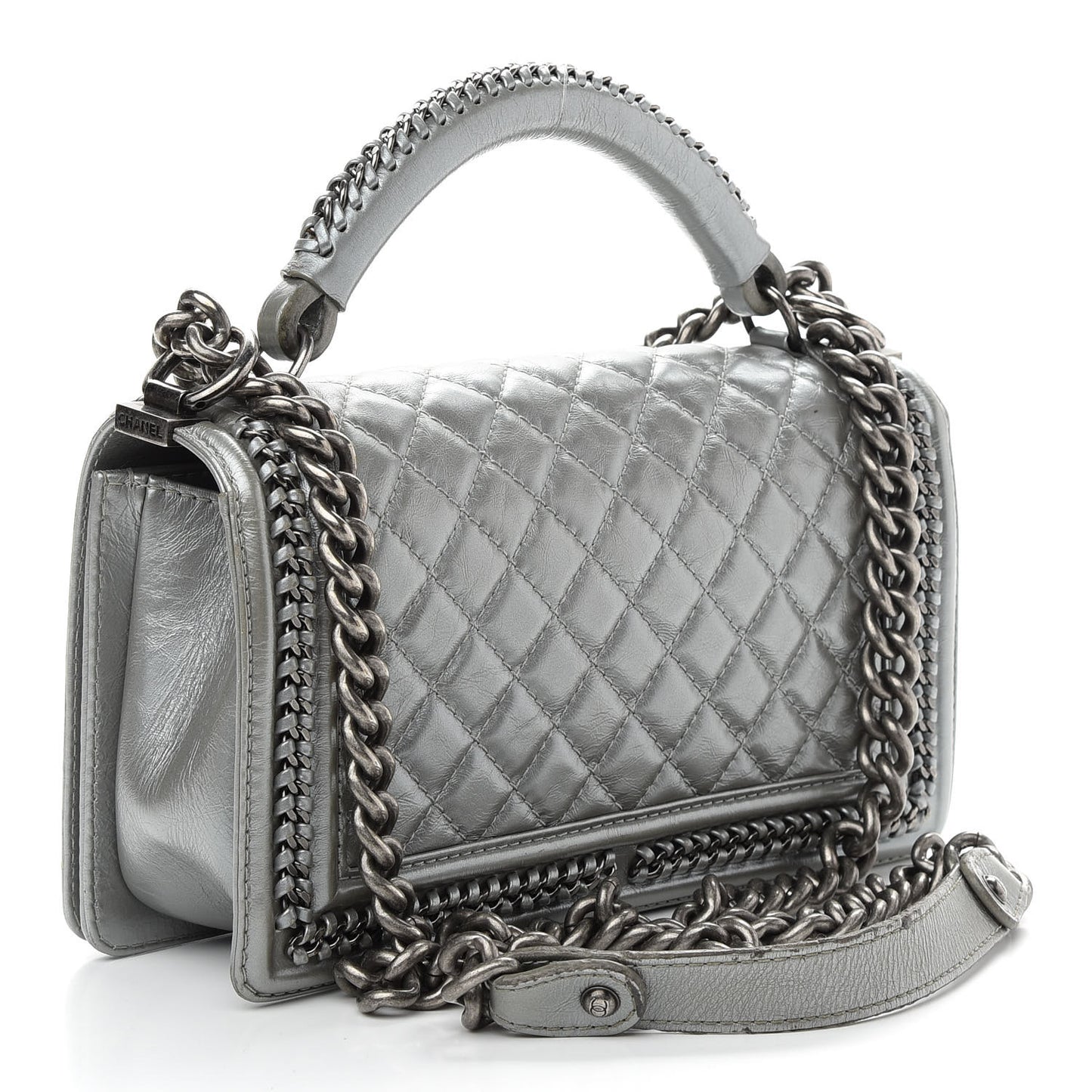 Metallic Calfskin Quilted Medium Boy Top Handle Flap Silver