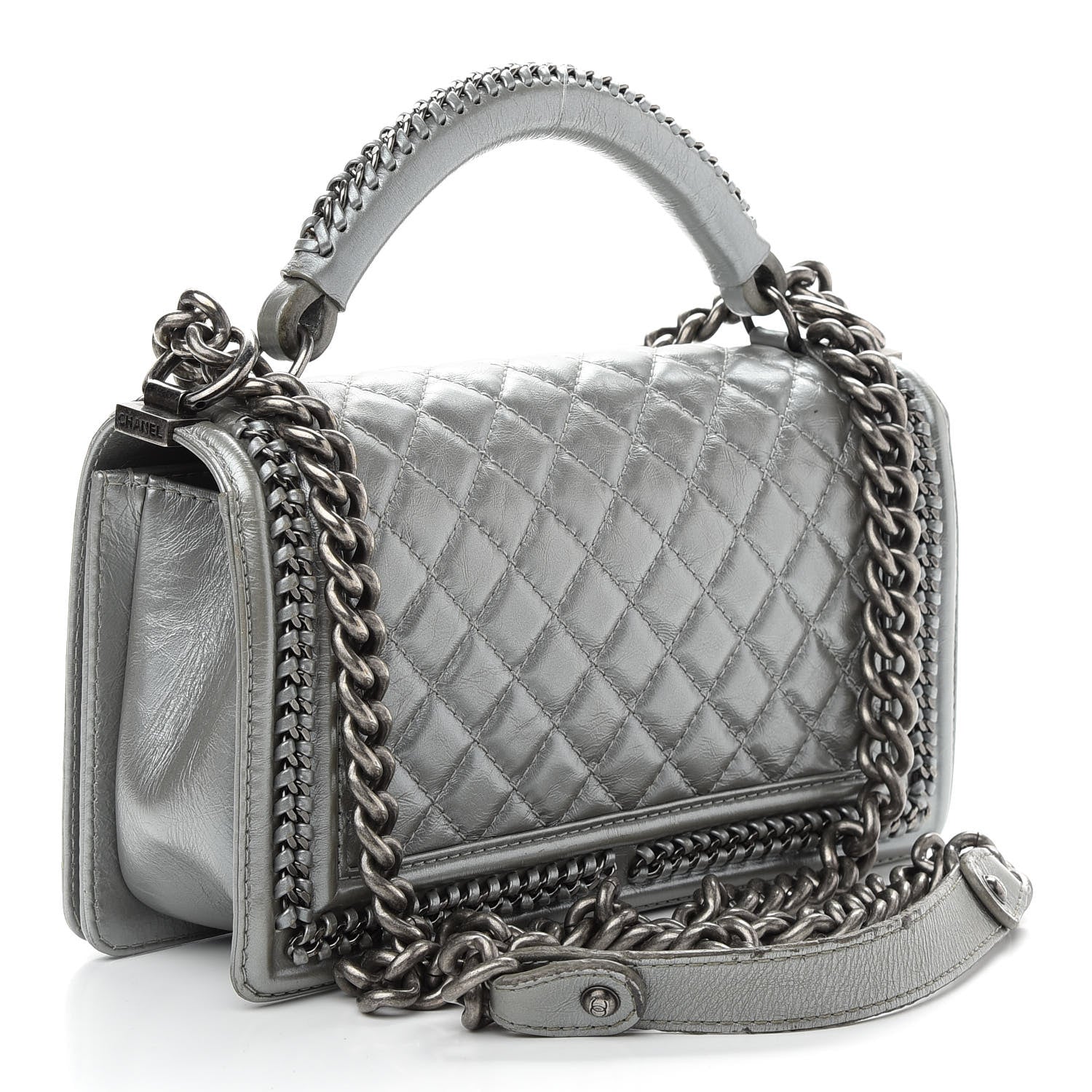Chanel Metallic Calfskin Quilted Medium Boy Top Handle Flap Silver 3 of 10
