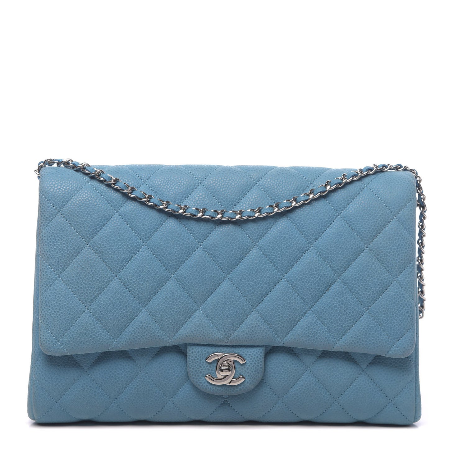 Iridescent Caviar Quilted Clutch With Chain Flap Blue
