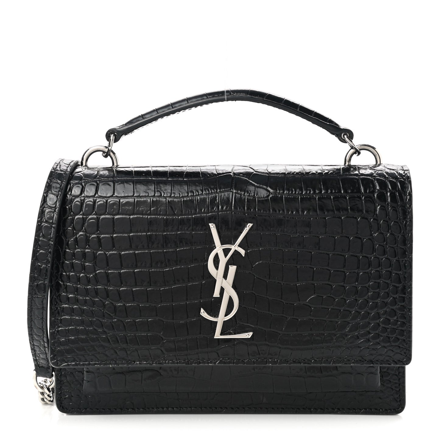Calfskin Crocodile Embossed Monogram Sunset Top Handle Chain Wallet Black