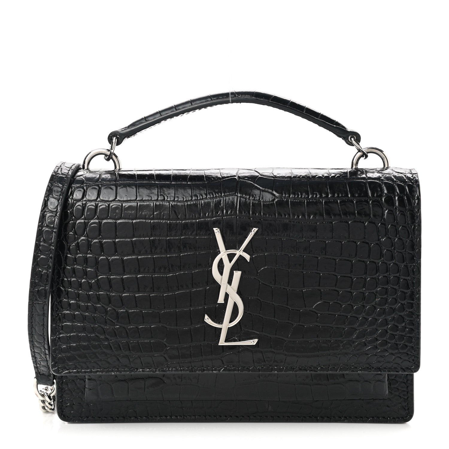 Saint Laurent Calfskin Crocodile Embossed Monogram Sunset Top Handle Chain Wallet Black 1 of 9