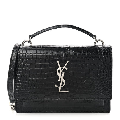 Saint Laurent Calfskin Crocodile Embossed Monogram Sunset Top Handle Chain Wallet Black 1 of 9