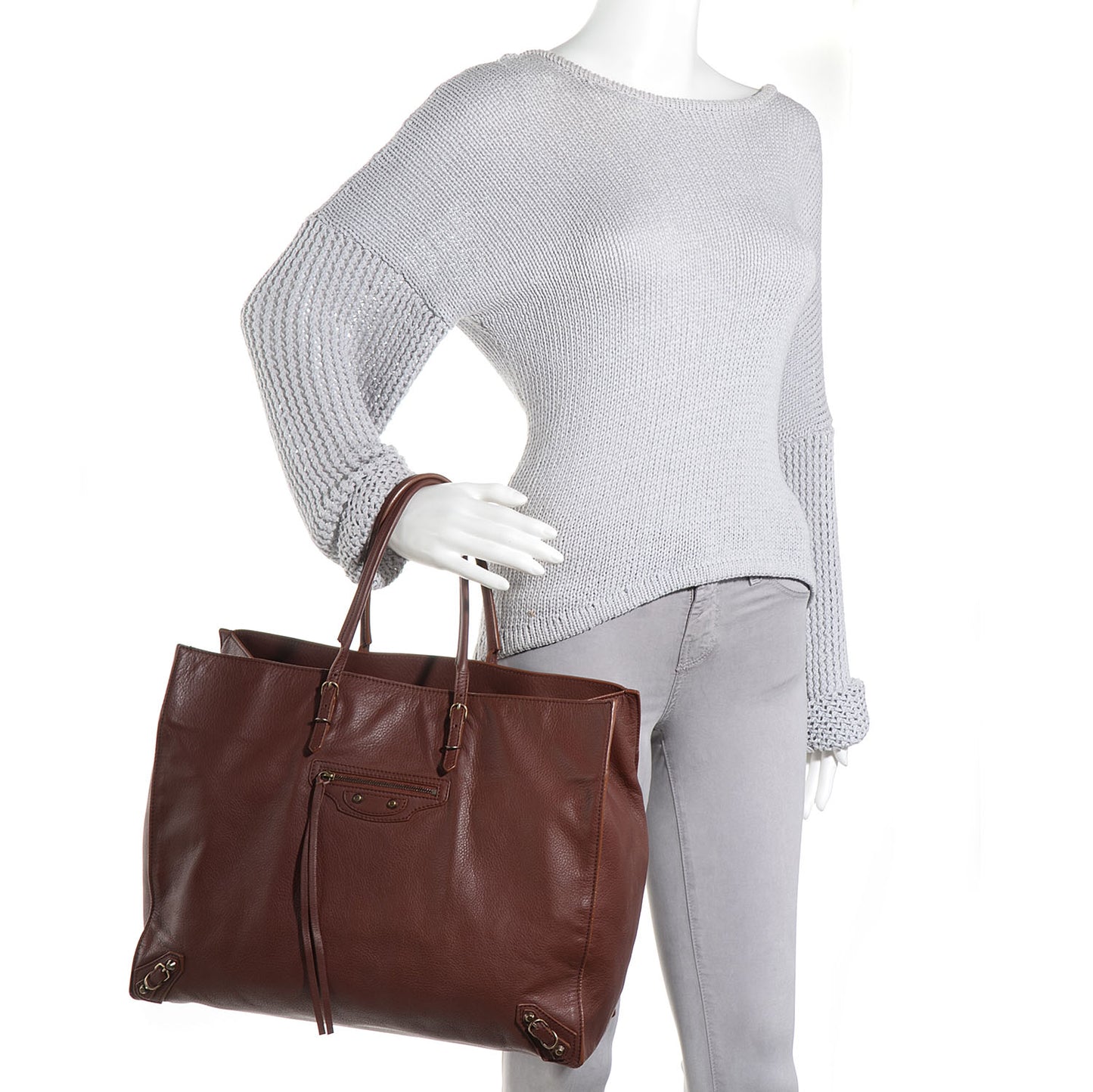 Veau Leather Papier A4 Tote Castagna