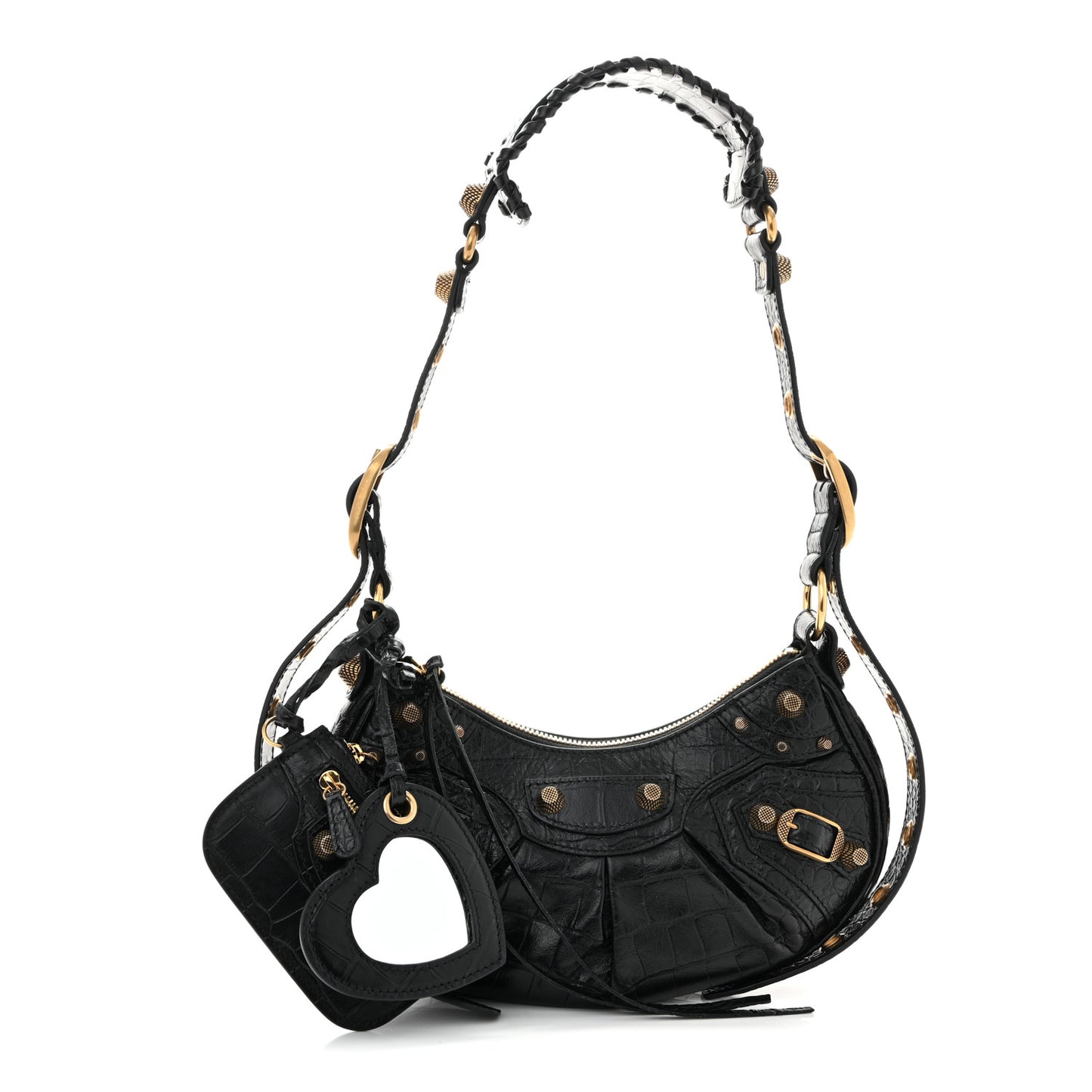 Extra Supple Calfskin Crocodile Embossed Le Cagole Shoulder Bag XS Black