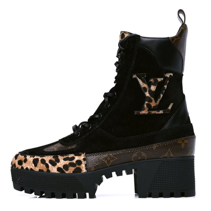 Louis Vuitton Suede Calfskin Monogram Calf Hair Laureate Platform Desert Boots 39 Black 1 of 4