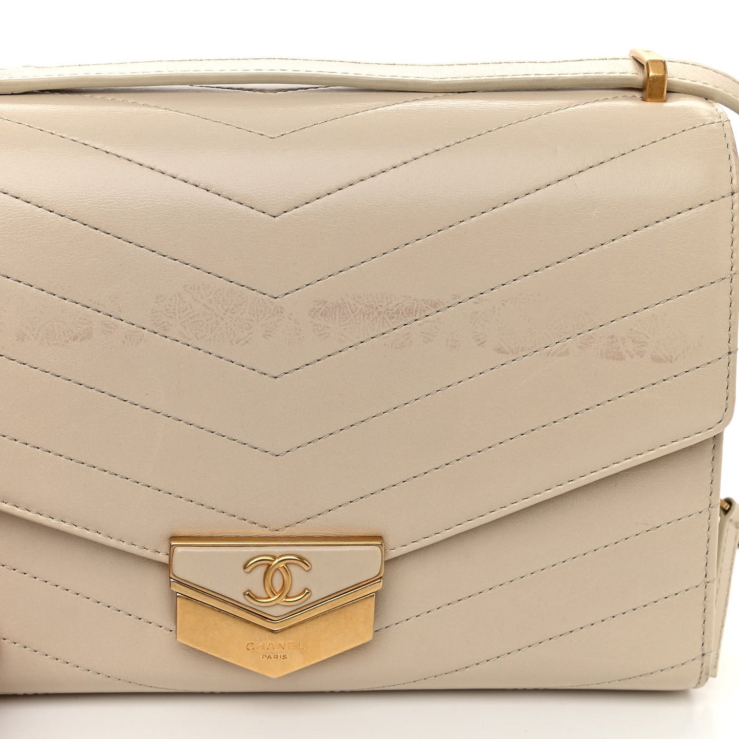 Calfskin Chevron Quilted Medal Flap Beige