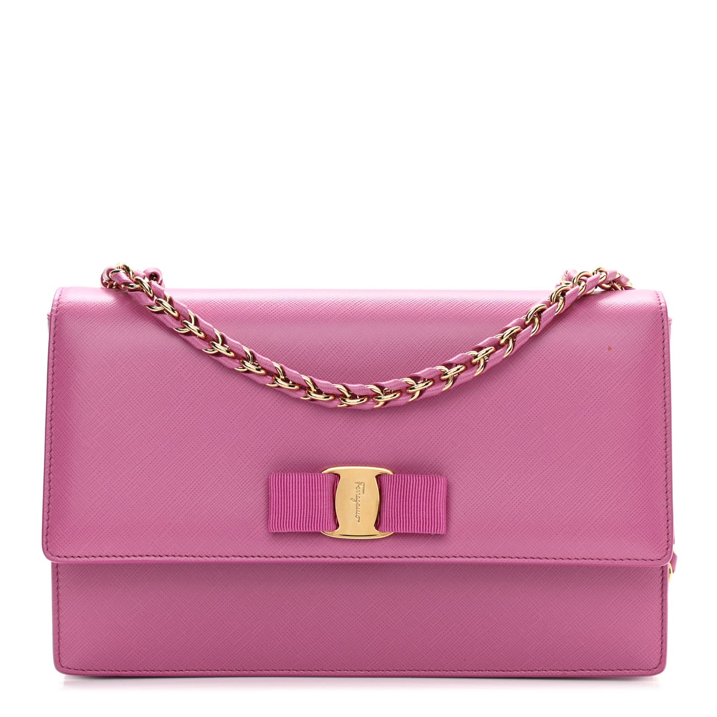 Printed Calfskin Vara Bow Chain Flap Crossbody Fuchsia