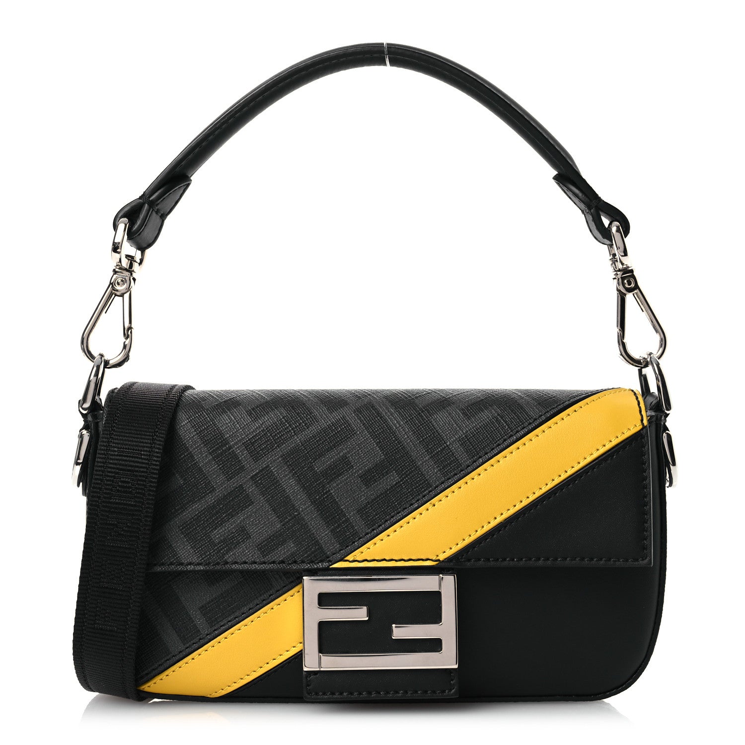 Fendi Glazed Fabric Vitello Liberty FF 1974 Diagonal Baguette Black Sunflower 1 of 11